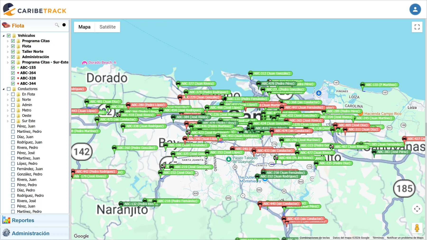 Mapa de flota en vivo, área metro de San Juan