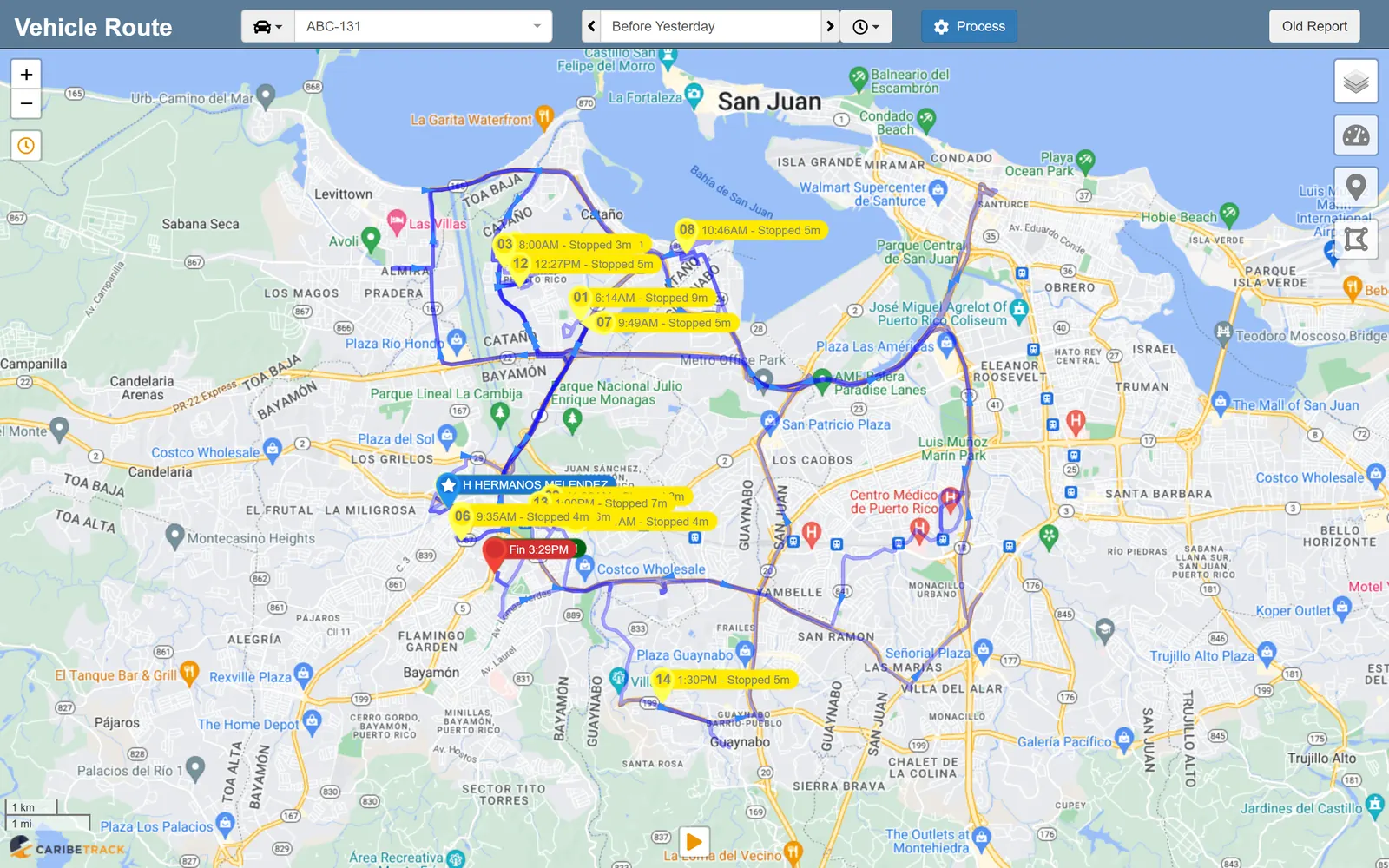 One vehicle's route during the day